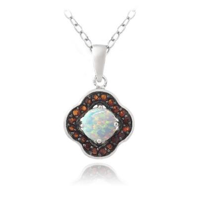 Sterling Silver Garnet & Created White Opal Flower Necklace