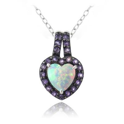 Sterling Silver Created White Opal & Amethyst Heart Drop Pendant