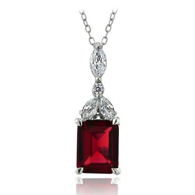 Sterling Silver Created Ruby & CZ Marquise Rectangle Necklace