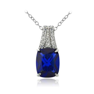 Sterling Silver Created Blue Sapphire & CZ Rectangle Necklace