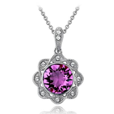 Silver Tone Purple & Clear Swarovski Elements Halo Flower Necklace