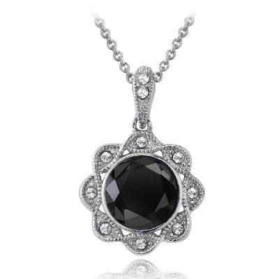Silver Tone Black & Clear Swarovski Elements Halo Flower Necklace