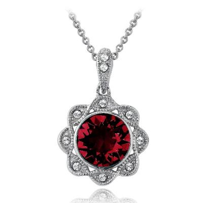 Silver Tone Red & Clear Swarovski Elements Halo Flower Necklace