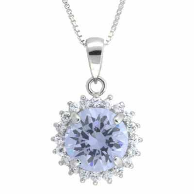 Sterling Silver round Lavender cubic zirconia and Simulated Diamond CZ Pendant