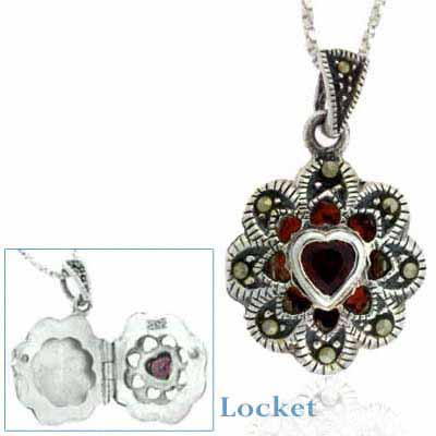 Sterling Silver Marcasite & Genuine Garnet Heart Flower Locket Pendant