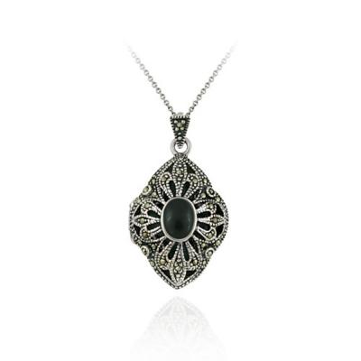 Sterling Silver Genuine Onyx & Marcasite Diamond Shaped Locket