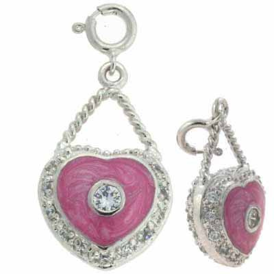 Sterling Silver Simulated Diamond CZ Pink Enamel Heart Pendant and Charm