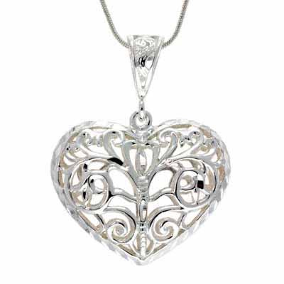 Sterling Silver Filigree 3D  Heart Pendant