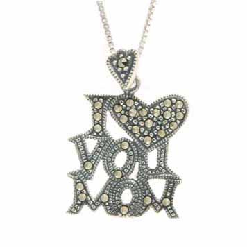 Marcasite I Love You MOM Silver Heart Pendant