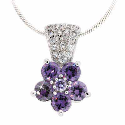 Sterling Silver Diamond and Simulated Amethyst Cubic Zirconia Pave Flower Pendant