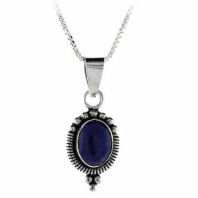 Sterling Silver Bali Bead Genuine Lapis Stone Oval Pendant