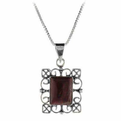 Genuine Chalcedite Stone Sterling Silver Filigree Rectangle Pendant