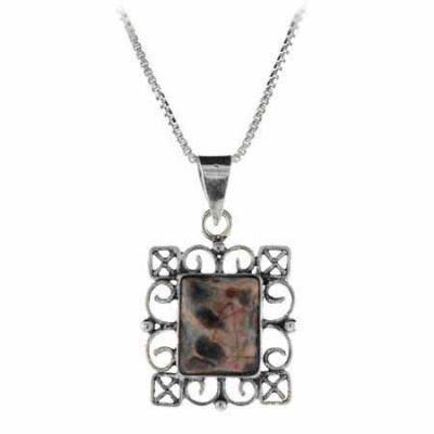 Genuine Leopard Skin Stone Sterling Silver Filigree Rectangle Pendant
