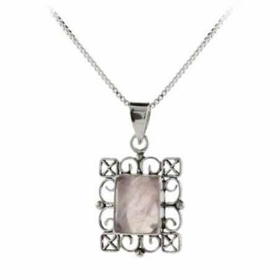 Genuine Rose Quartz Stone Sterling Silver Filigree Rectangle Pendant