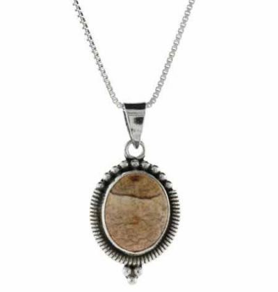 Sterling Silver Genuine Picture Jasper Stone Beaded Oval Pendant