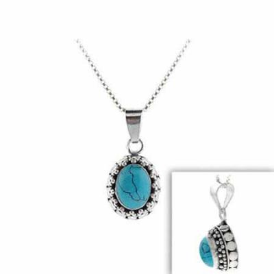 Sterling Silver Reconstituted Blue Turquoise Stone Bali Beaded Oval Pendant