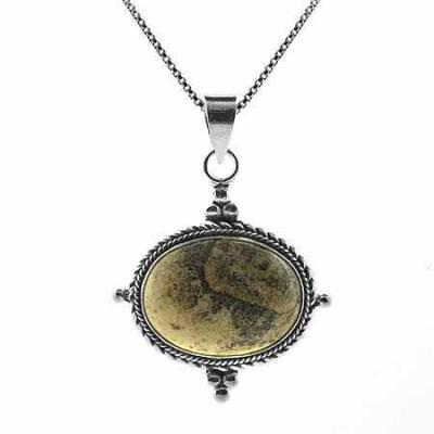 Sterling Silver Genuine Picture Jasper Stone Bali Bead Twisted Border Oval Pendant