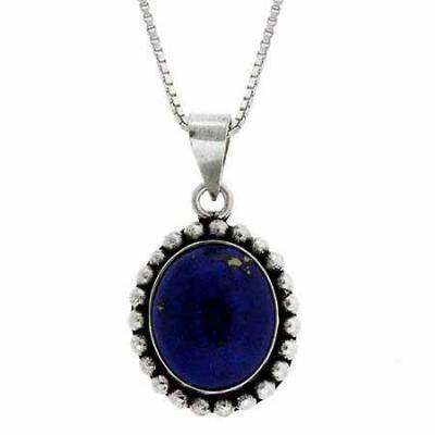 Serling Silver Genuine Lapis Stone Bali Bead Oval Pendant