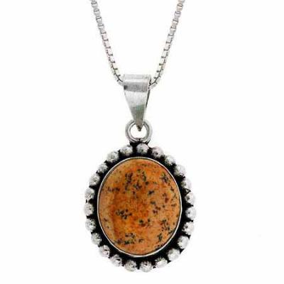 Serling Silver Genuine Picture Jasper Stone Bali Bead Oval Pendant