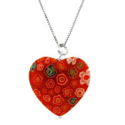 Summer Murano Glass Sterling Silver Bead Orange Millefiori Flower Heart Pendant
