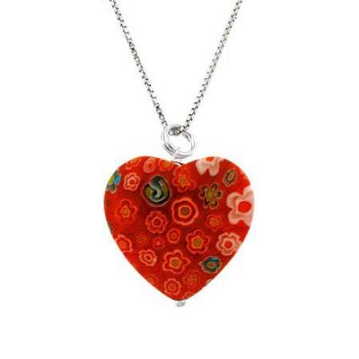 Summer Murano Glass Sterling Silver Bead Orange Millefiori Flower Heart Pendant