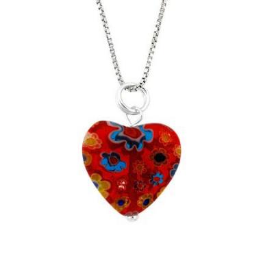 Murano Glass Sterling Silver Bead Red Multi Color Millefiori Flower Heart Pendant