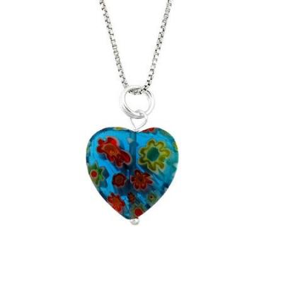 Summer Murano Glass Sterling Silver Bead Blue Millefiori Flower Heart Pendant