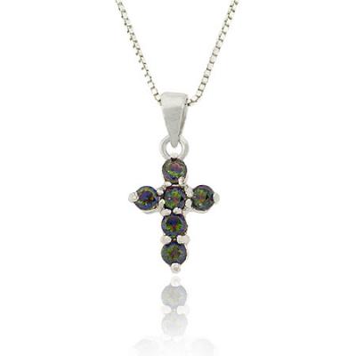 Sterling Silver .925 Simulated Mystic Topaz Stone Prong Small Cross Pendant