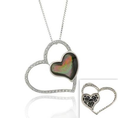 Heart with a Heart Sterling Silver .925 Genuine Gray Mother of Pearl Stone MOP Simulated Diamond cz Star Filigree Pendant