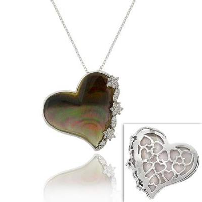 Sterling Silver .925 Genuine Gray MOP Inlay Simulated Diamond cz Flower Heart Filigree Slide/Pendant