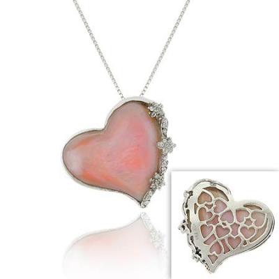 Sterling Silver .925 Genuine Pink MOP Inlay Simulated Diamond cz Flower Heart Filigree Slide/Pendant