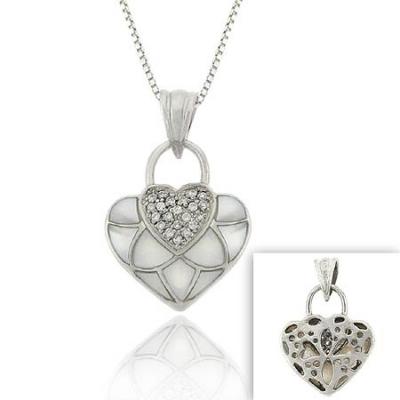 Sterling Silver .925 Genuine Mother of Pearl MOP Stone Mosaic Design Simulated Diamond cz Pave Flower Filigree Heart Pendant