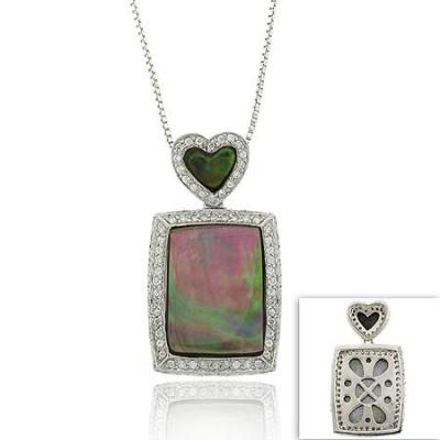 Sterling Silver .925 Genuine Gray Mother of Pearl Stone MOP Inlay Heart Simulated Diamond cz Pave Rectangle Pendant