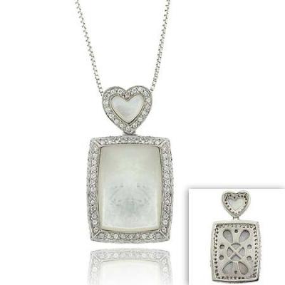 Sterling Silver .925 Genuine Mother of Pearl MOP Stone Inlay Heart Simulated Diamond cz Rectangle Pendant