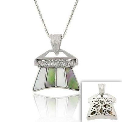 Sterling Silver .925 Genuine Mother Of Pearl & Iridescent Gray MOP, Inlay Simulated Diamond cz Filigree HandBag Bag Purse Pendant