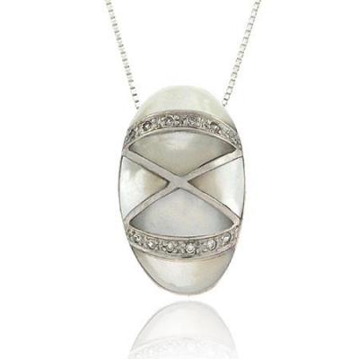 Sterling Silver .925 Genuine Mother of Pearl MOP Stone Inlay Simulated Diamond cz Triangle Mosaic Deisgn Oval Pendant/Slide