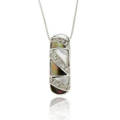 Art Deco Sterling Silver .925 Genuine White, and Gray Mother of Pearl MOP Mosaic Simulated Diamond cz Slide/Pendant