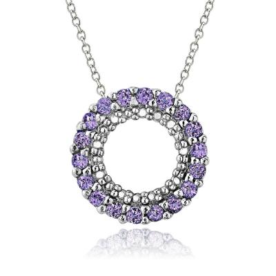 Sterling Silver .925 Genuine Amethyst Stone Prong Round Eternity Pendant Slide