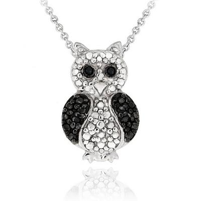 Black Diamond Accent Owl Necklace