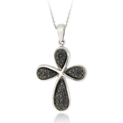 Black Diamond Accent Ribbon Cross Necklace