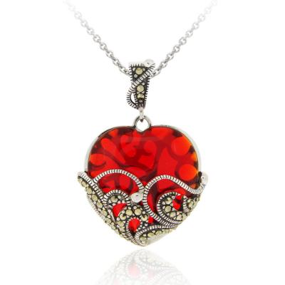 Marcasite and Garnet Colored Glass Heart Pendant, 18'