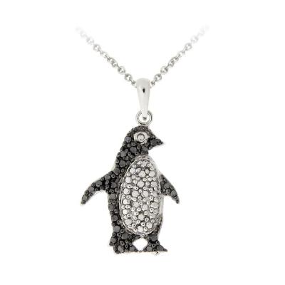 Silver Tone Black Diamond Accent Penguin Necklace