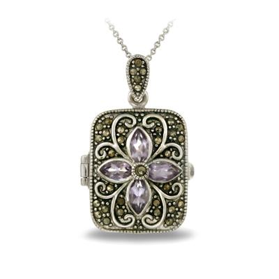 Silver Tone Genuine Amethyst Flower Marcasite Locket Necklace