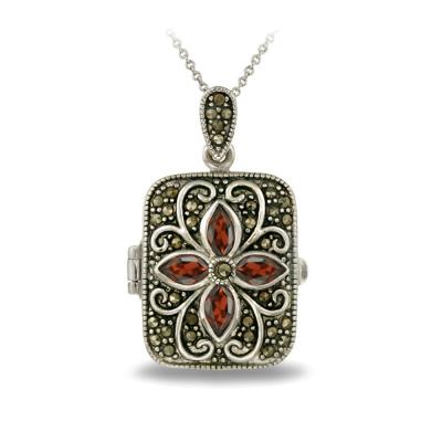 Silver Tone Genuine Garnet Flower Marcasite Locket