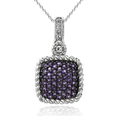 Silver Tone 1ct Amethyst & White Topaz Square Rope Pendant Necklace