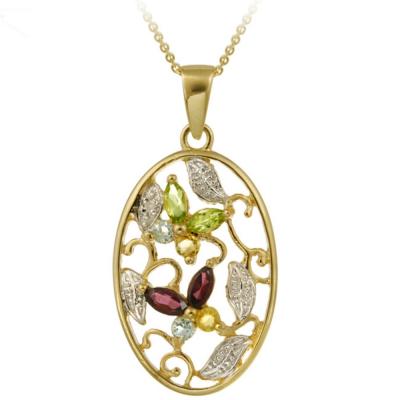 18K Gold over Sterling Silver Multi Gemstone & Diamond Accent Oval Flower Pendant