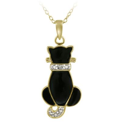 18K Gold over Sterling Silver Diamond Accent & Black Enamel Cat Pendant