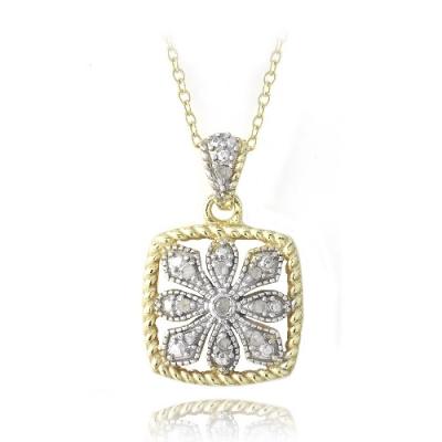 18K Gold over Sterling Silver Two Tone 1/10ct Diamond Square Filigree Necklace