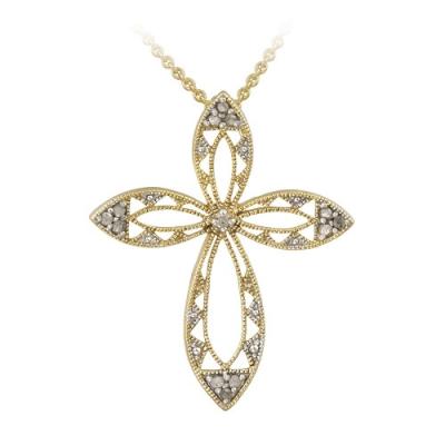 18K Gold over Sterling Silver 1/8ct Diamond Ribbon Cross Pendant