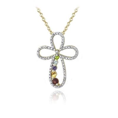 18K Gold Plated Multi Gemstone & Diamond Accent Journey Cross Necklace